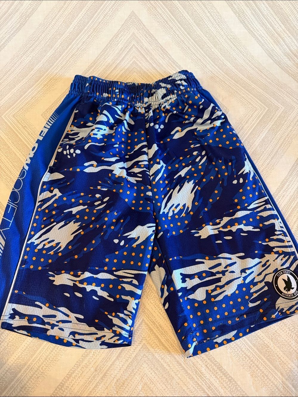 Flow Society Boys Medium Blue Athletic Shorts White Design & Orange Polka Dots